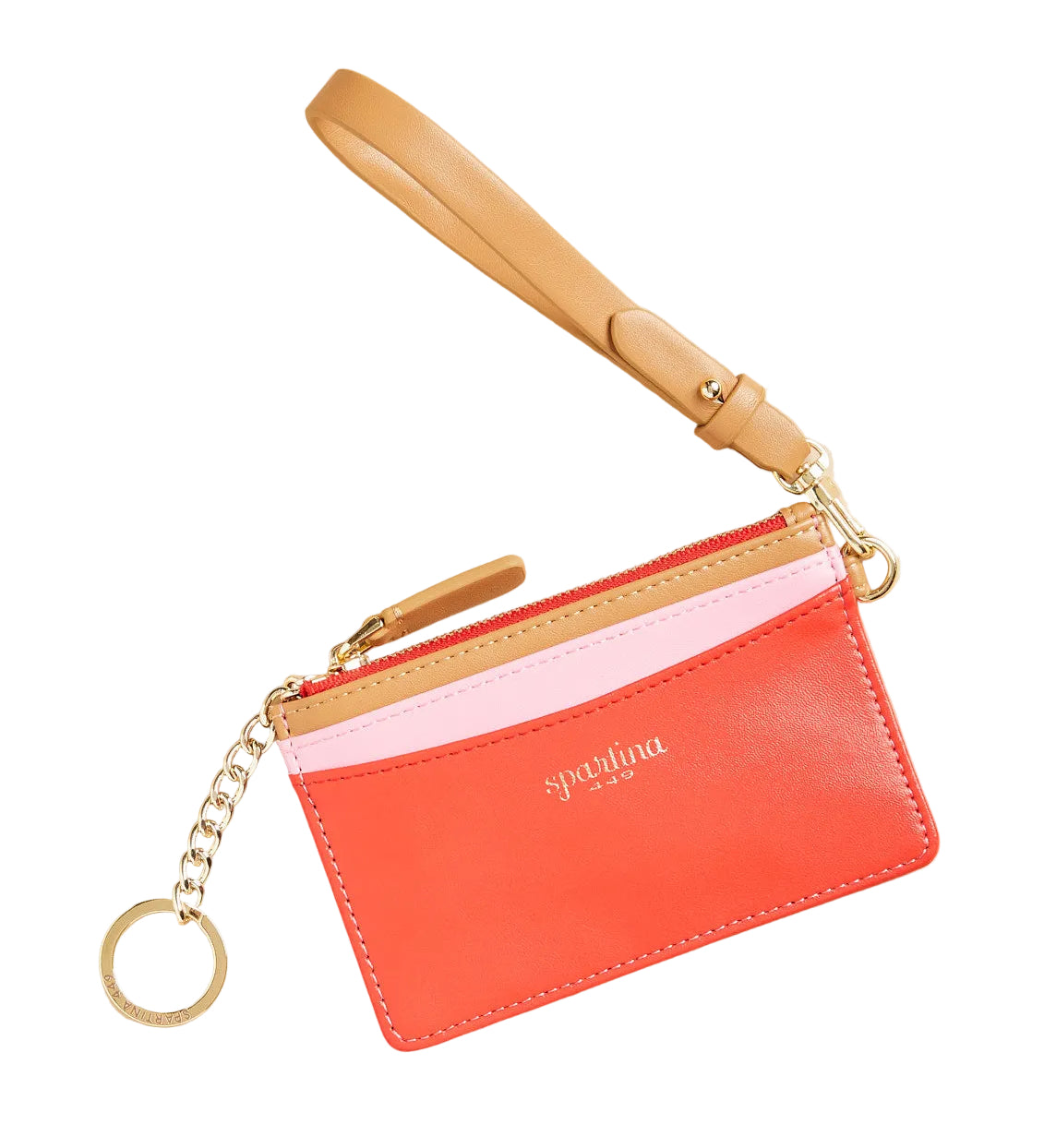 Red cardholder with a beige strap and gold chain on a beige background. Available at Be Charmed