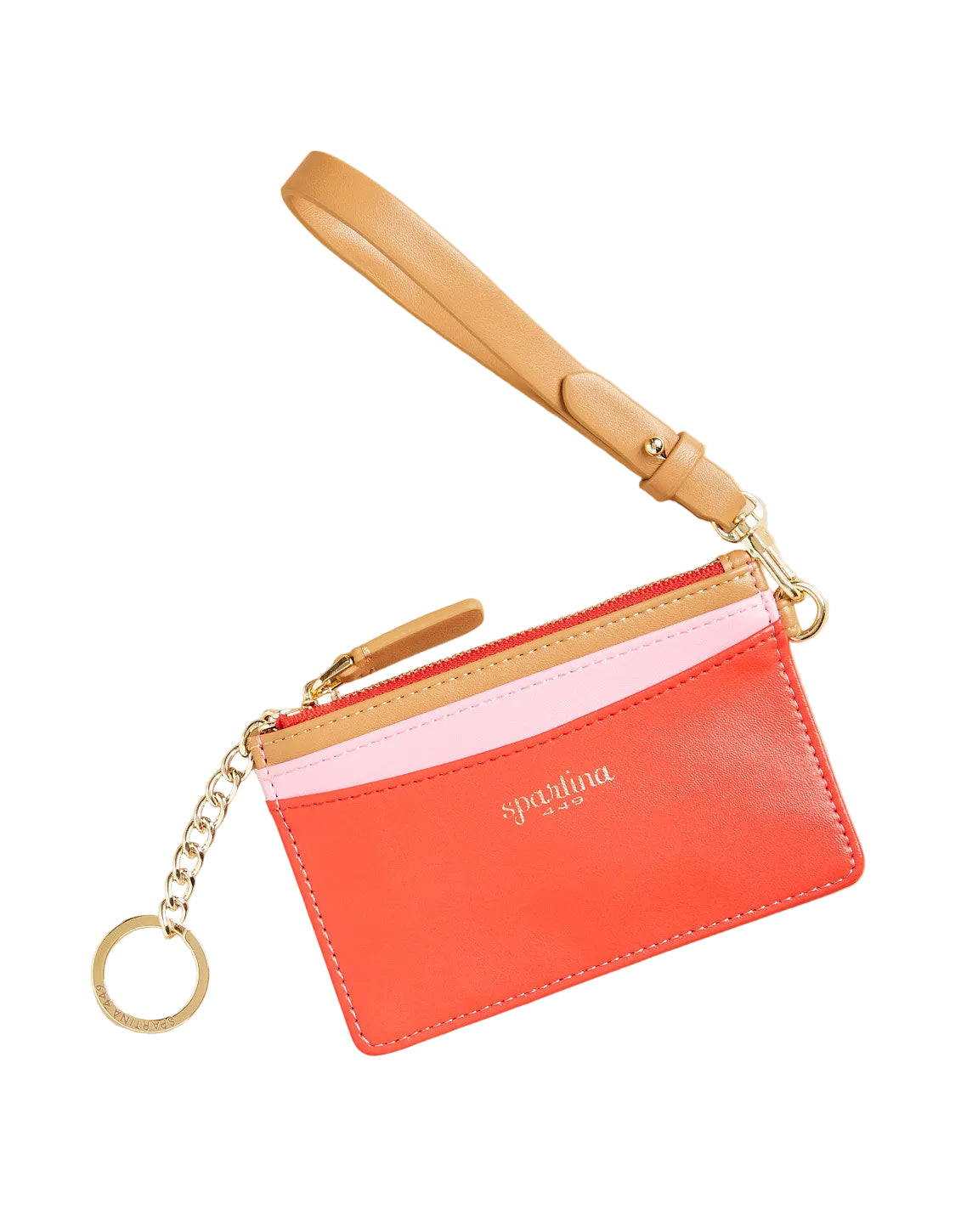 Red cardholder with a beige strap and gold chain on a beige background. Available at Be Charmed
