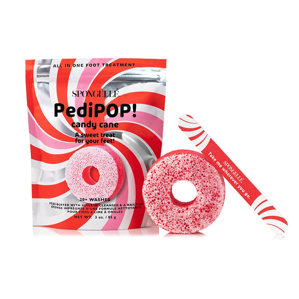 Spongellé PediPOP Pedi Buffer and Nail File in the Candy Cane scent. Available at Be Charmed