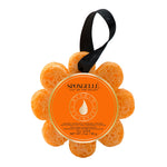 A flower-shaped Spongellé bath sponge with a black hanging ribbon, predominantly orange in color, with product information displayed in the center. Available at Be Charmed
