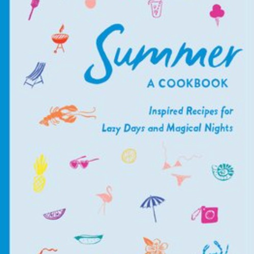 Cookbook cover titled 'Summer: A Cookbook' with summer-themed illustrations on a light blue background. Available at Be Charmed