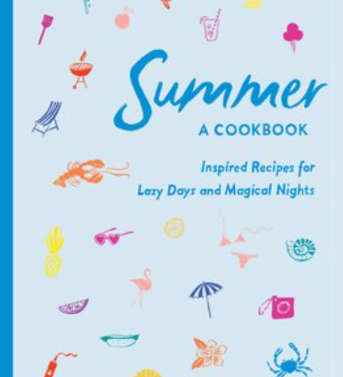 Cookbook cover titled 'Summer: A Cookbook' with summer-themed illustrations on a light blue background. Available at Be Charmed