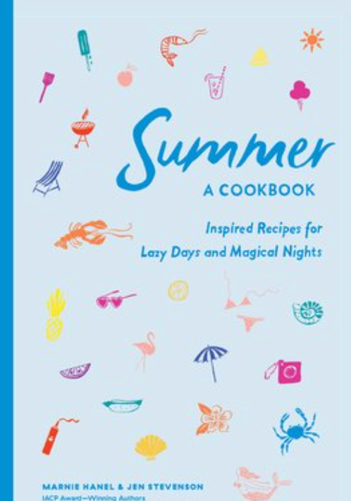 Cookbook cover titled 'Summer: A Cookbook' with summer-themed illustrations on a light blue background. Available at Be Charmed