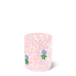 Pink glass with blue floral designs on a white background. Available at Be Charmed