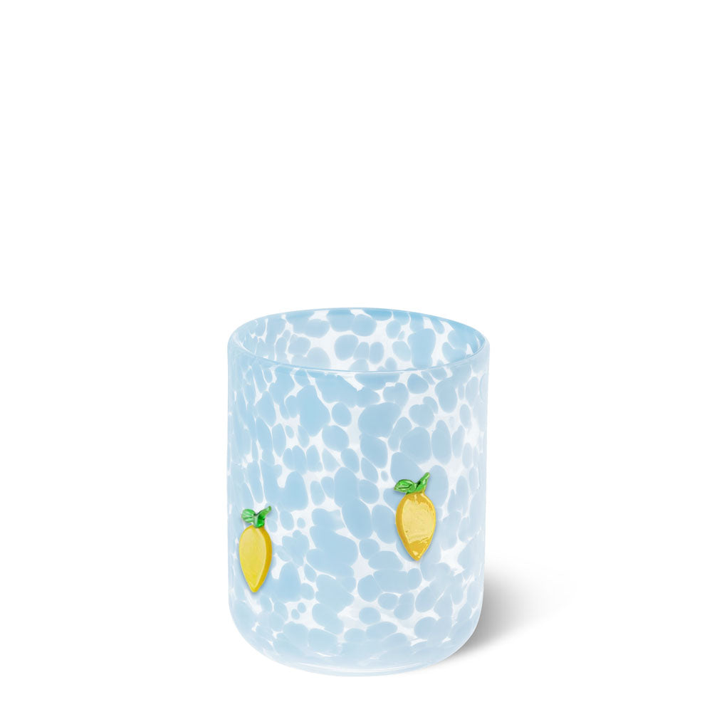 Glass with a blue marbled pattern and lemon details on a white background. Available at Be Charmed