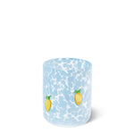 Glass with a blue marbled pattern and lemon details on a white background. Available at Be Charmed