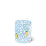 Glass with a blue marbled pattern and lemon details on a white background. Available at Be Charmed