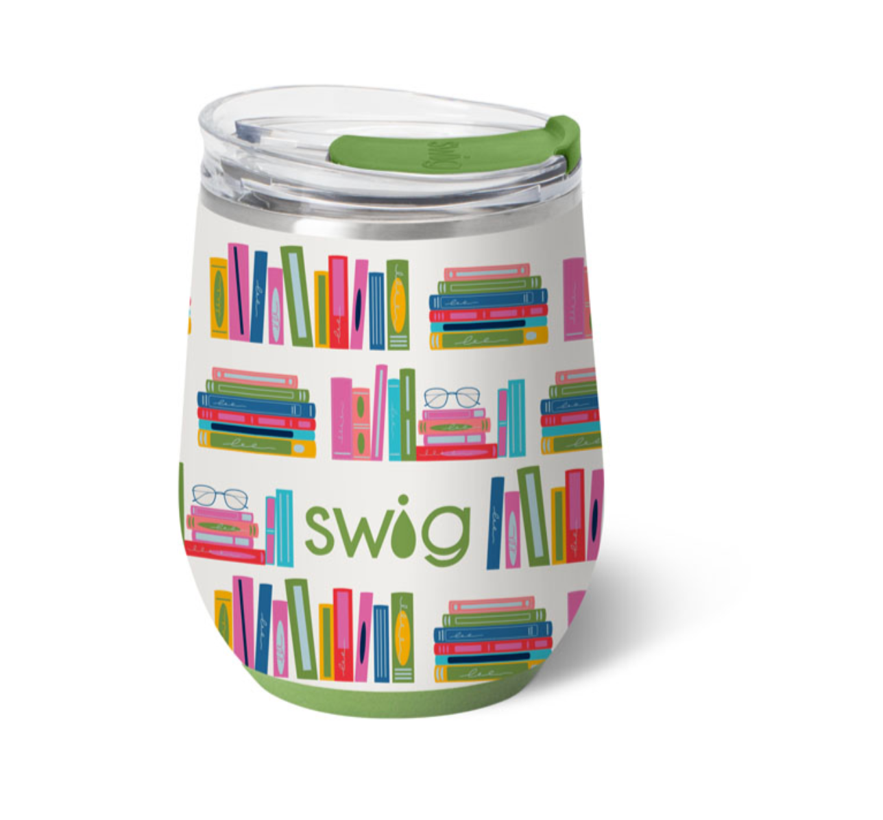 A book club 12oz Swig Life stemless wine cup in a vibrant pattern featuring a clear slider lid and silicone base. Available at Be Charmed.