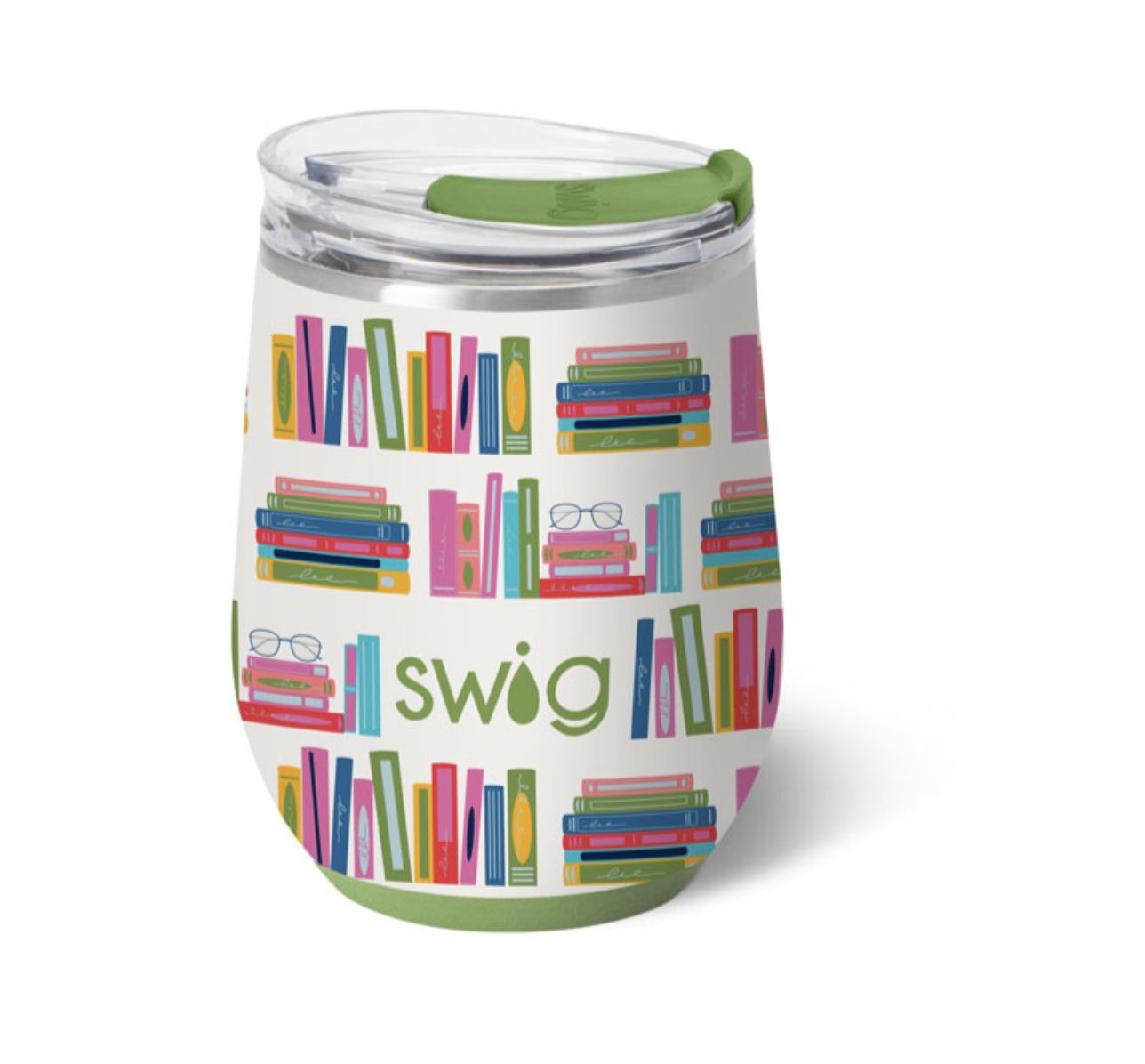 A book club 12oz Swig Life stemless wine cup in a vibrant pattern featuring a clear slider lid and silicone base. Available at Be Charmed.