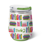 A book club 12oz Swig Life stemless wine cup in a vibrant pattern featuring a clear slider lid and silicone base. Available at Be Charmed.