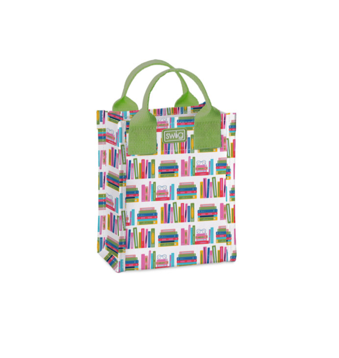 A small, durable Book Club Swig Life mini reusable gift bag with webbed nylon handles, shown in a vibrant pattern. Available at Be Charmed.