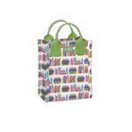 A small, durable Book Club Swig Life mini reusable gift bag with webbed nylon handles, shown in a vibrant pattern. Available at Be Charmed.
