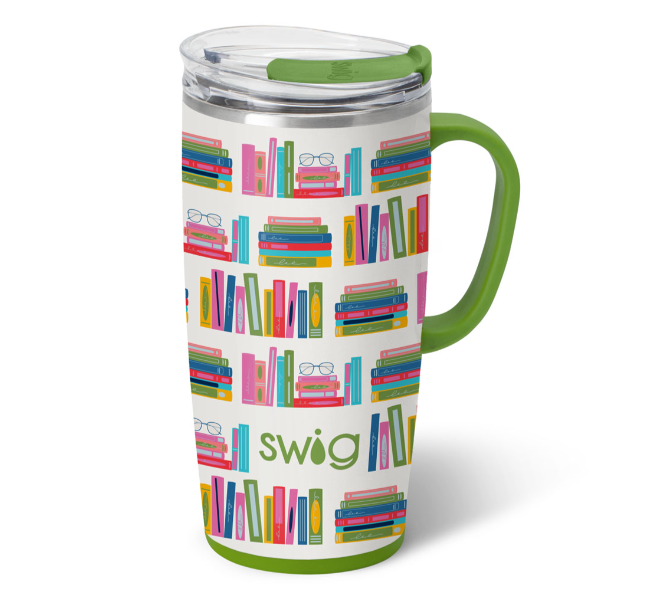 A 22oz Book Club Swig Life travel mug with a comfort-grip handle and clear slider lid. Available at Be Charmed.