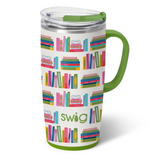 A 22oz Book Club Swig Life travel mug with a comfort-grip handle and clear slider lid. Available at Be Charmed.