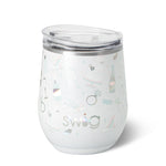A 12oz white insulated stemless wine cup with multicolor pattern and the brand 'Swig' visible. Available at Be Charmed