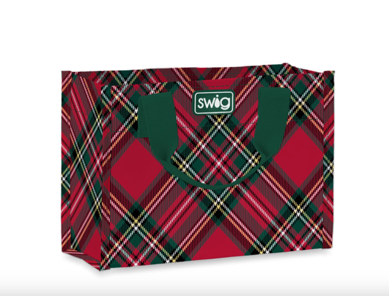 Red and green plaid bag with a 'swig' logo on a white background. Available at Be Charmed