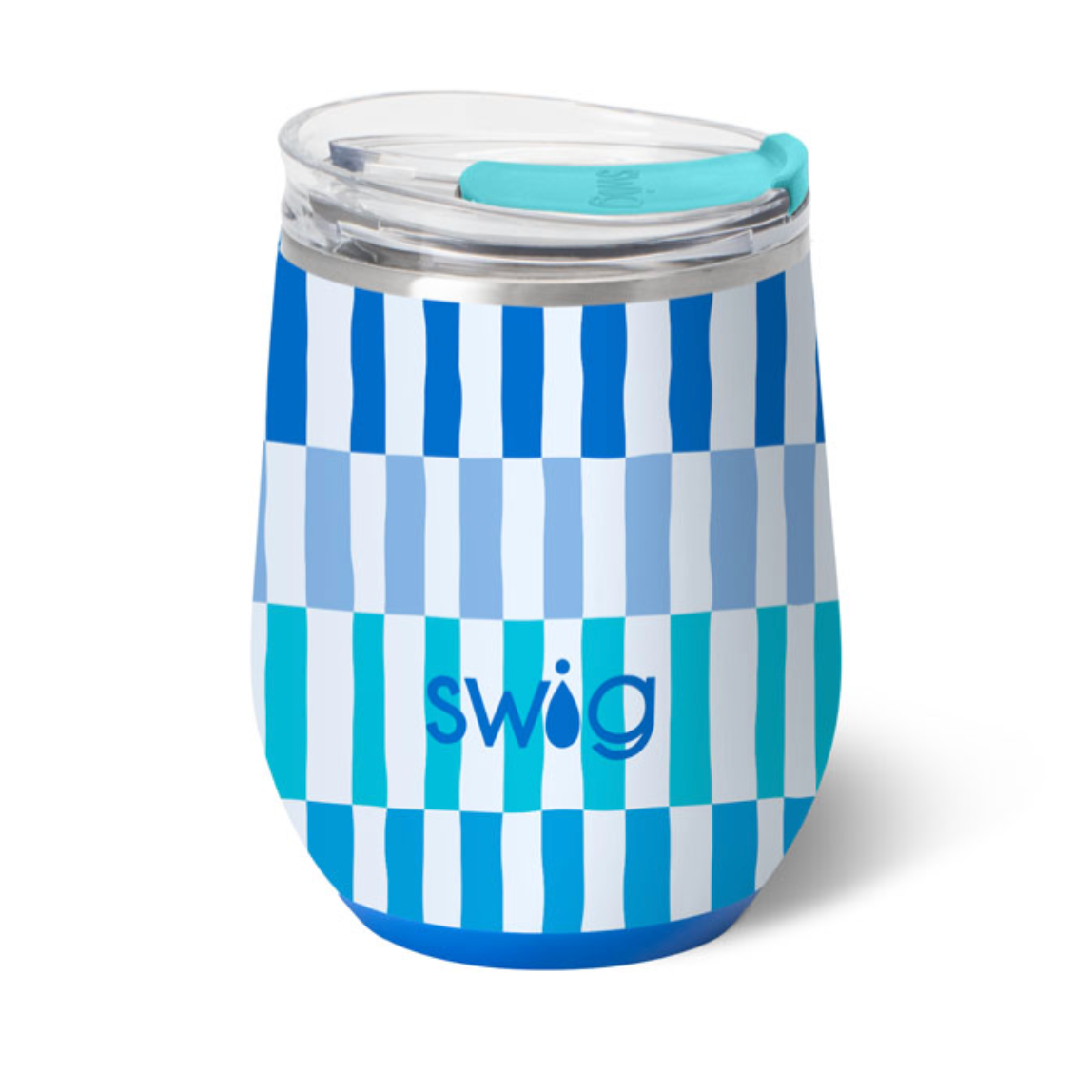 A glacier stripe 12oz Swig Life stemless wine cup in a vibrant pattern featuring a clear slider lid and silicone base. Available at Be Charmed.