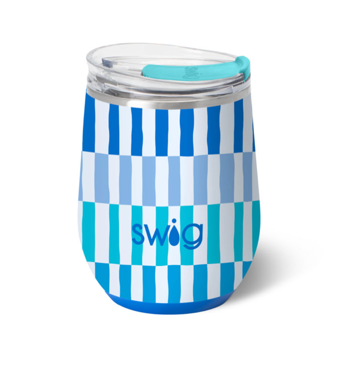 A glacier stripe 12oz Swig Life stemless wine cup in a vibrant pattern featuring a clear slider lid and silicone base. Available at Be Charmed.