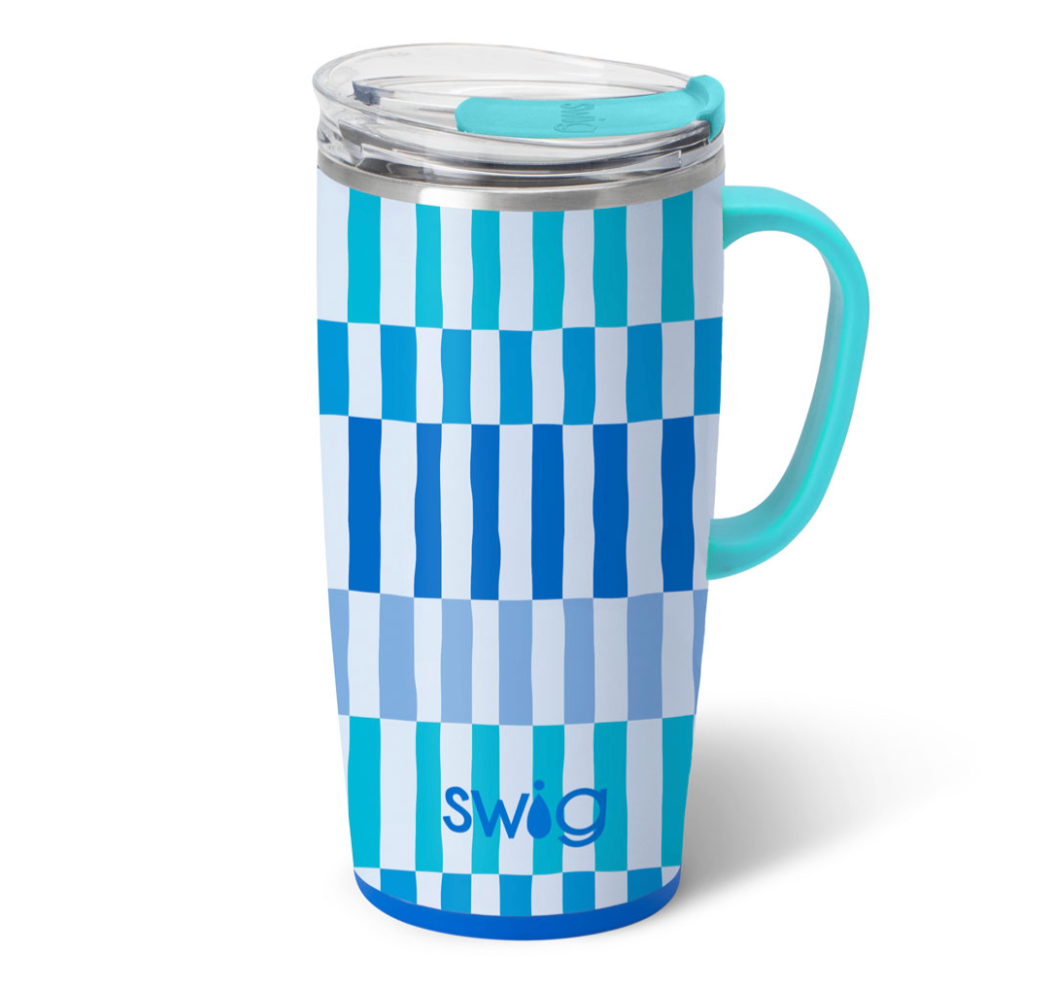 A 22oz Glacier Stripe Swig Life travel mug with a comfort-grip handle and clear slider lid. Available at Be Charmed.