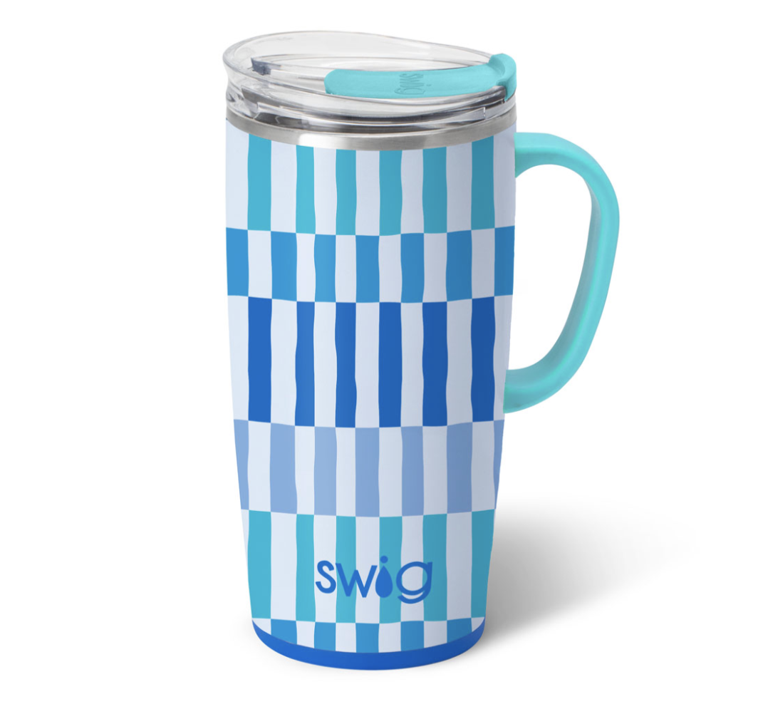 A 22oz Glacier Stripe Swig Life travel mug with a comfort-grip handle and clear slider lid. Available at Be Charmed.