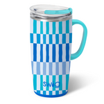A 22oz Glacier Stripe Swig Life travel mug with a comfort-grip handle and clear slider lid. Available at Be Charmed.