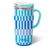 A 22oz Glacier Stripe Swig Life travel mug with a comfort-grip handle and clear slider lid. Available at Be Charmed.