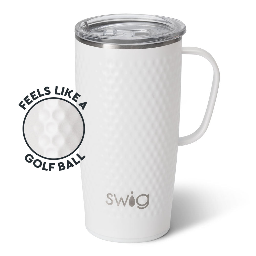 A white 22oz insulated travel mug with a diamond pattern, a handle, and a lid, branded with the name 'Swig'. Available at Be Charmed