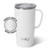 A white 22oz insulated travel mug with a diamond pattern, a handle, and a lid, branded with the name 'Swig'. Available at Be Charmed