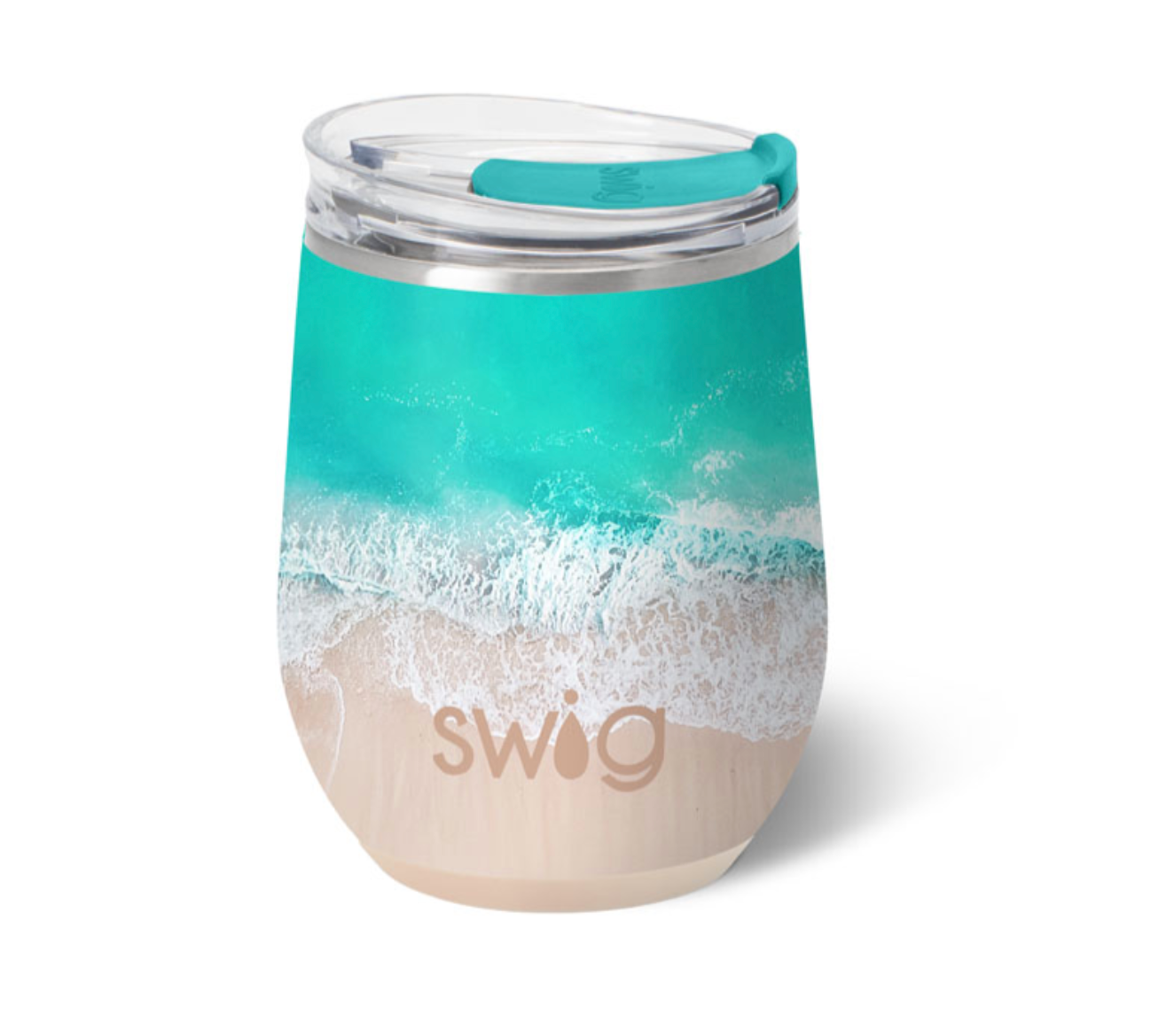 A 12oz Swig brand insulated stemless wine cup with a beach and ocean design. Available at Be Charmed