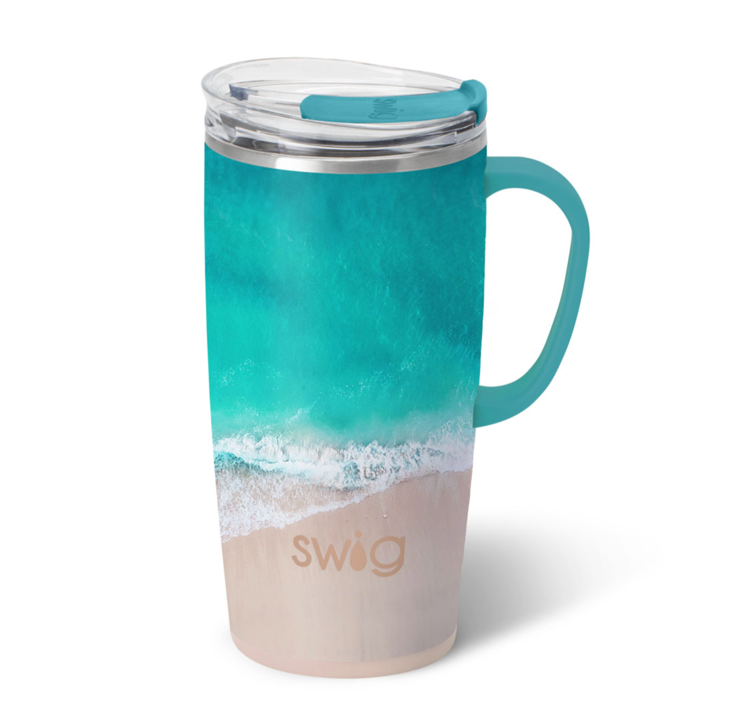 A 22oz High Tide Swig Life travel mug with a comfort-grip handle and clear slider lid. Available at Be Charmed.