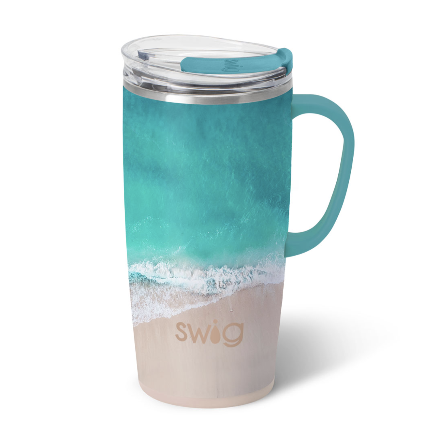 A 22oz High Tide Swig Life travel mug with a comfort-grip handle and clear slider lid. Available at Be Charmed.