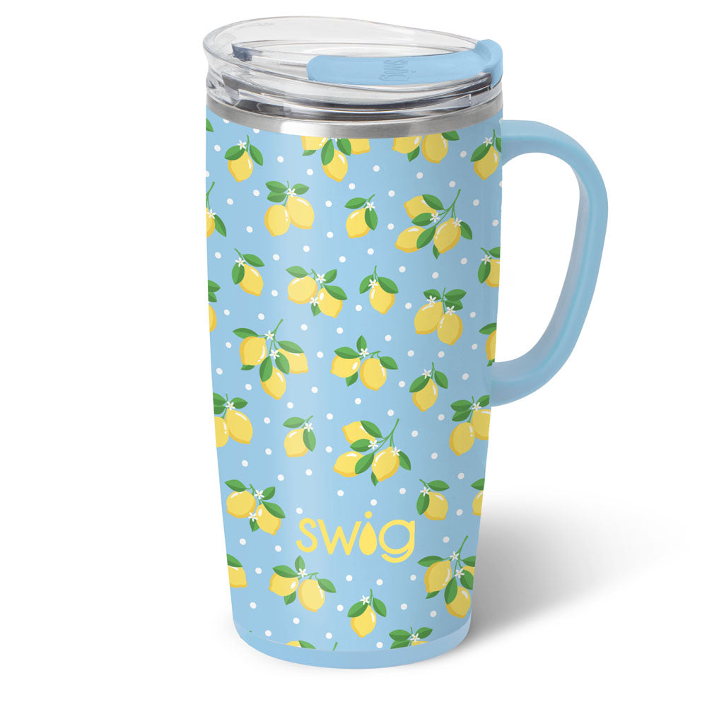 Blue mug with lemon pattern and 'swig' branding on a white background. Available at Be Charmed