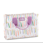 A small reusable gift bag with a multicolored geometric pattern and 'SWIG' branding on the side, featuring purple handles. Available at Be Charmed