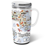 A 22oz Massachusetts Swig Life travel mug with a comfort-grip handle and clear slider lid. Available at Be Charmed.