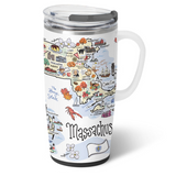 A 22oz Massachusetts Swig Life travel mug with a comfort-grip handle and clear slider lid. Available at Be Charmed.