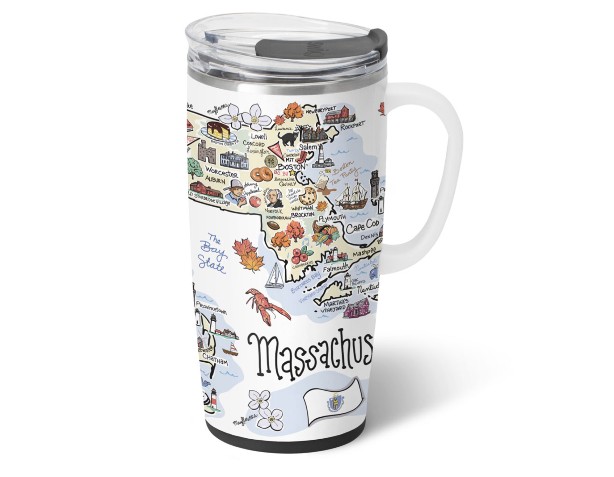 A 22oz Massachusetts Swig Life travel mug with a comfort-grip handle and clear slider lid. Available at Be Charmed.