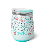 A 12oz Swig stemless wine cup with a white background and decorative medical items. Available at Be Charmed