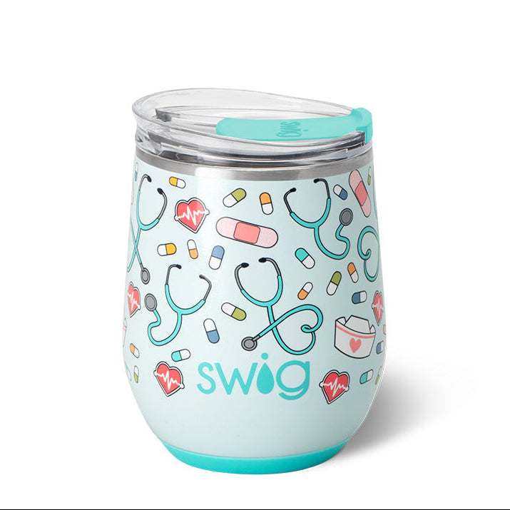A 12oz Swig stemless wine cup with a white background and decorative medical items. Available at Be Charmed
