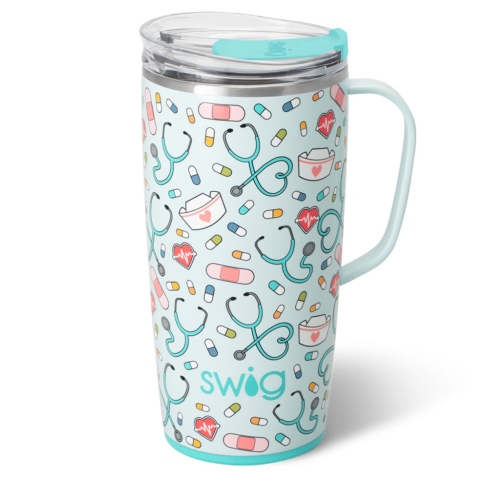 A 22oz Scrub Life Swig Life travel mug with a comfort-grip handle and clear slider lid. Available at Be Charmed.