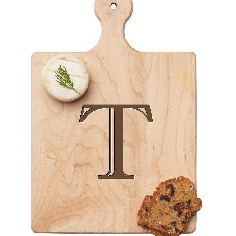 Maple Leaf 9x6 Initial Board T with Spreader. Personalized wooden serving board with monogram design. Perfect gift. Available at Be Charmed.