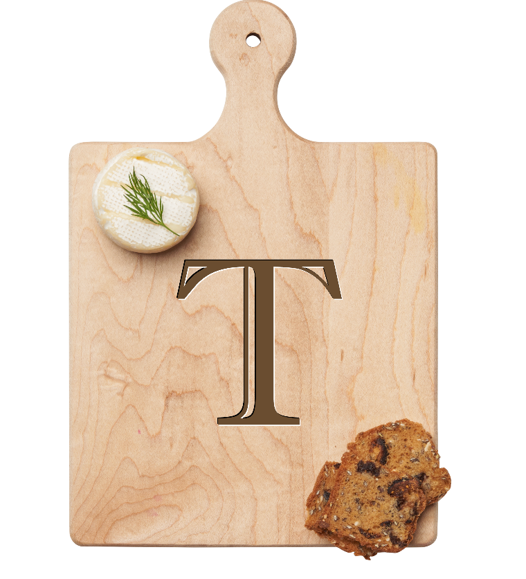 Maple Leaf 9x6 Initial Board T with Spreader. Personalized wooden serving board with monogram design. Perfect gift. Available at Be Charmed.