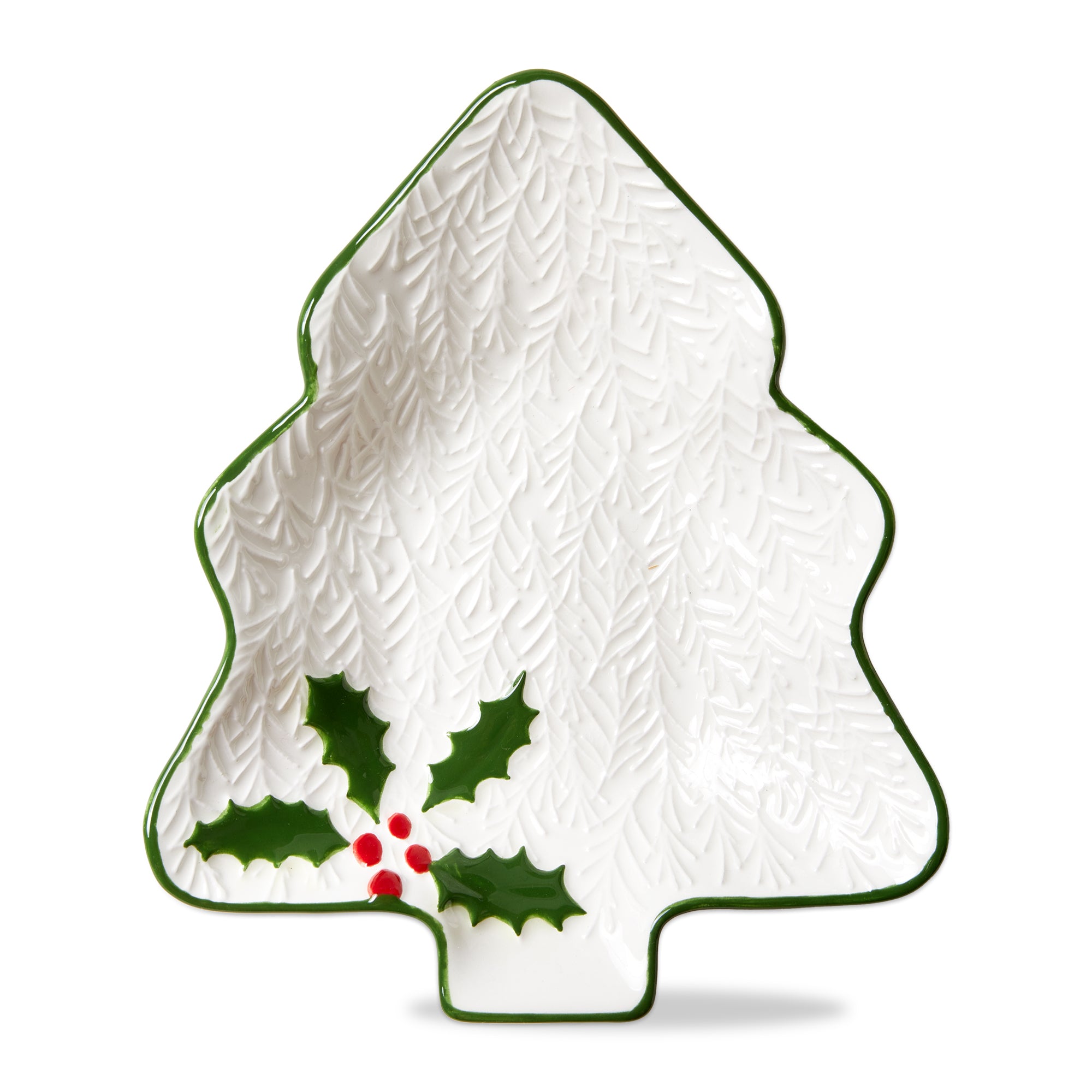A sculpted tree-shaped earthenware candy dish featuring hand-painted holiday holly and berry details, available at Be Charmed.  