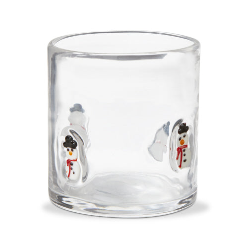Clear glass tumbler with snowman designs on a white background.  Available at Be Charmed