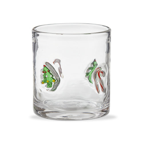 Clear glass with Christmas-themed decorations on a white background. Available at Be Charmed