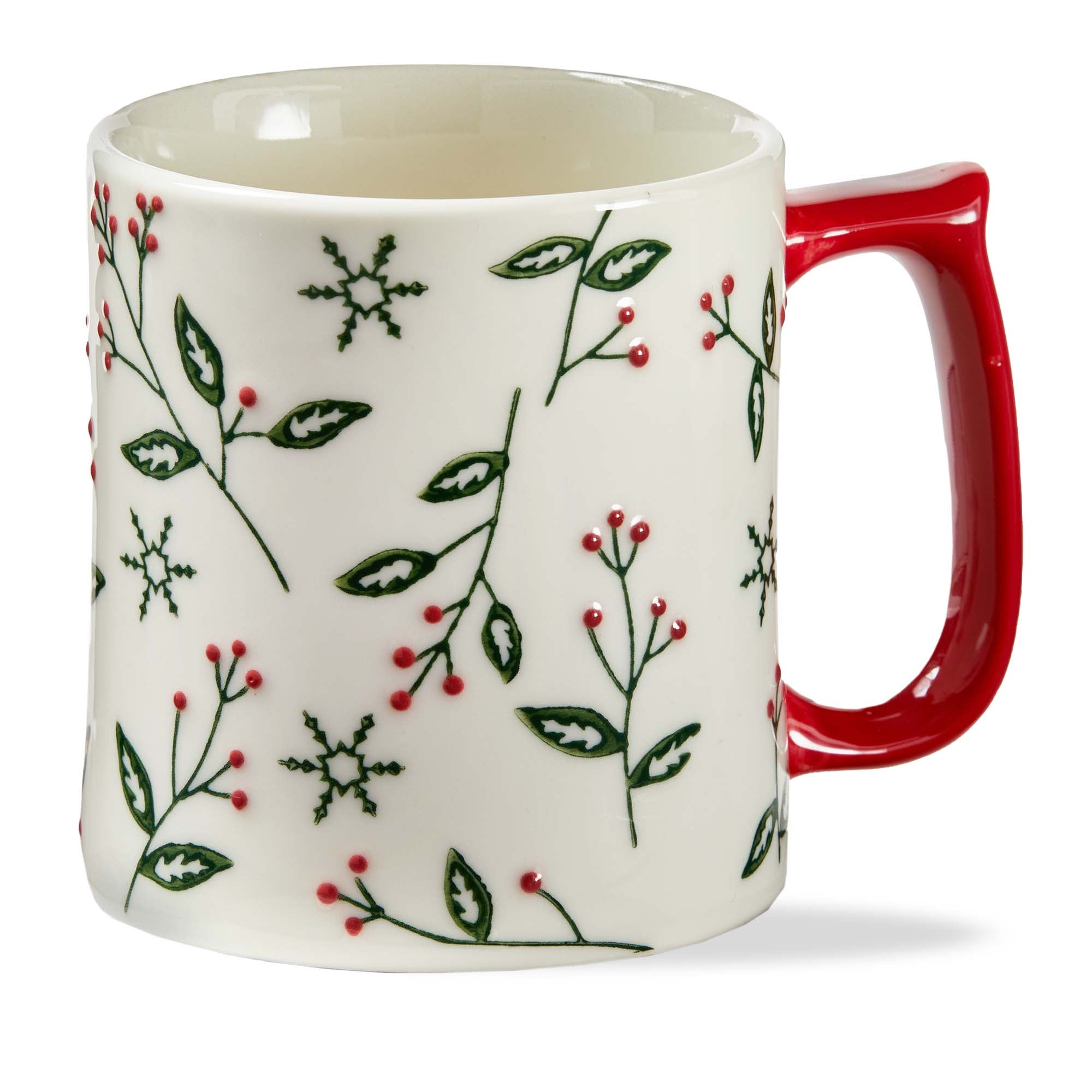 White mug with red handle featuring green leaf and snowflake pattern on a white background.  Available at Be Charmed