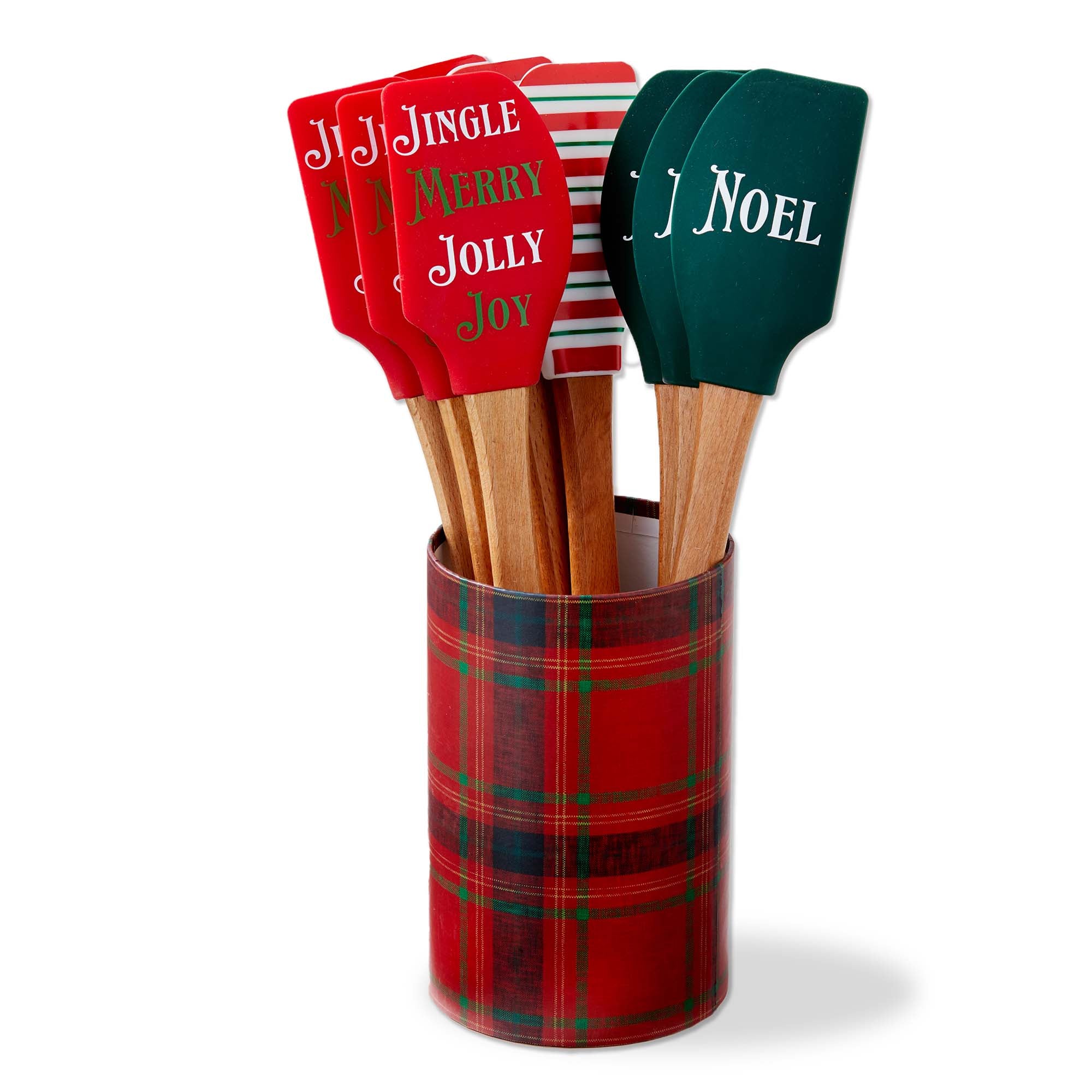 A festive Christmas holiday silicone baking spatula featuring a smooth beechwood handle and double-sided silkscreen graphics, available at Be Charmed.