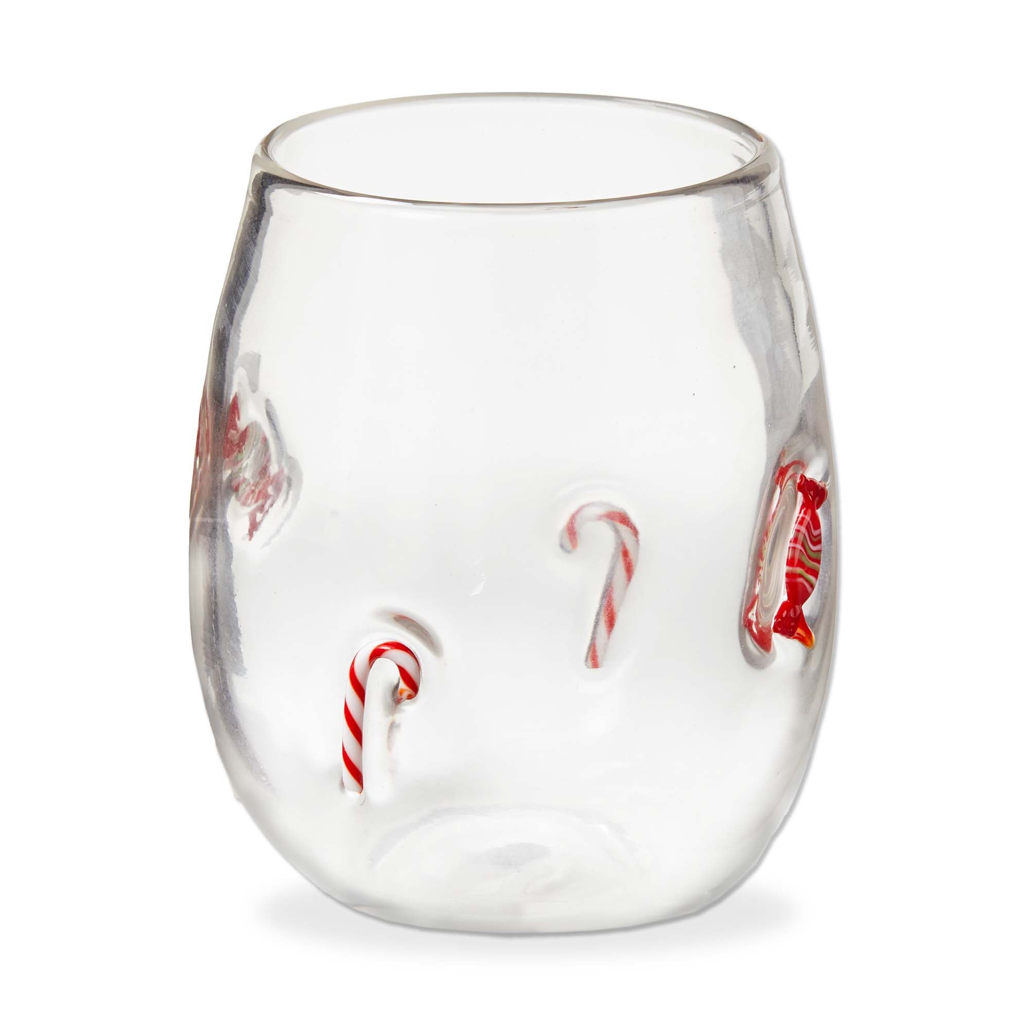 Clear glass with candy cane designs on a white background. Available at Be Charmed