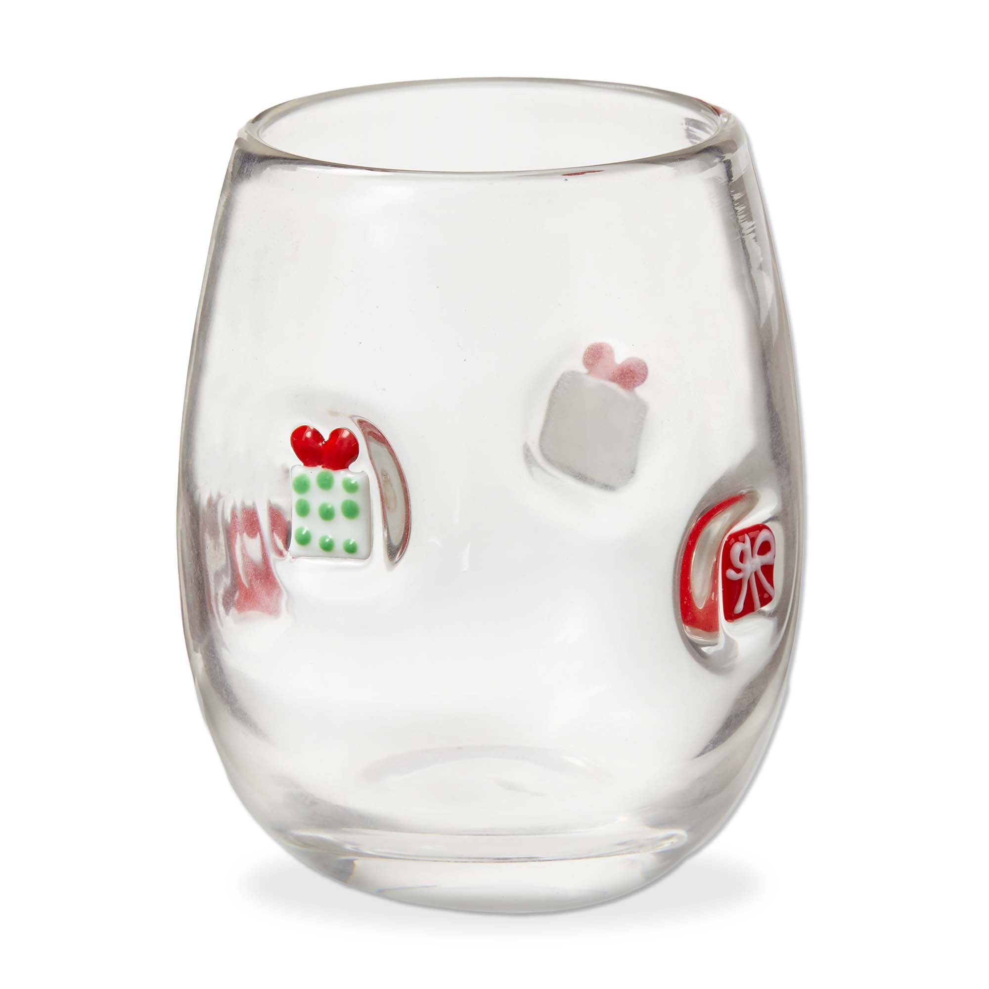 Clear glass with colorful cut-out designs on a white background. Available at Be Charmed