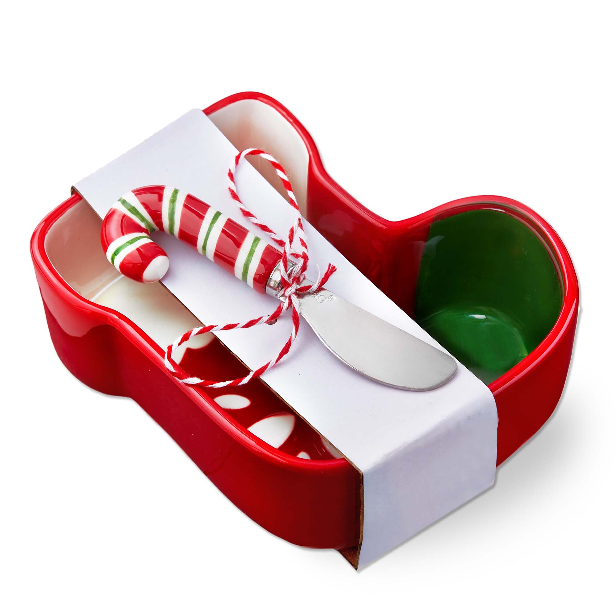 Red tocking shaped candy dish with green bowl, silver knifew ithcandy cane handle  on a white background. Available at Be Charmed