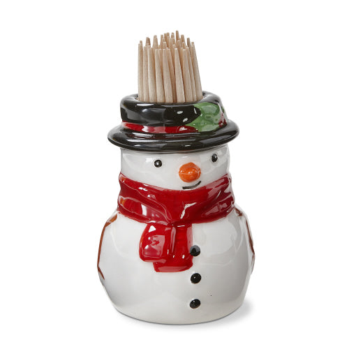 Snowman-shaped toothpick holder with a red scarf and black top hat on a white background. Available at Be Charmed